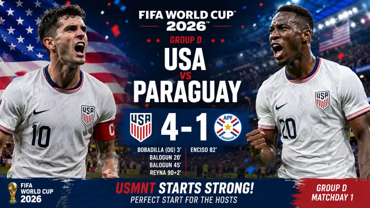 USA vs Paraguay World Cup 2026 match graphic showing Christian Pulisic and Folarin Balogun celebrating as USMNT defeats Paraguay 4-1 in the FIFA World Cup 2026 Group D opener.