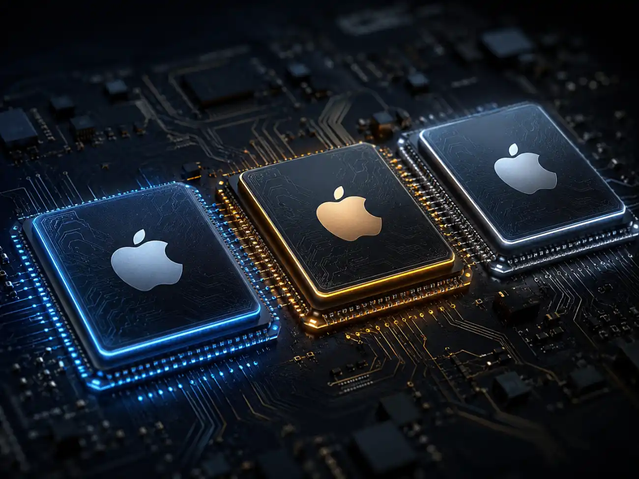 Concept illustration of Apple M6, M7, and M8 chips on a futuristic circuit board representing Apple's next-generation AI-focused Apple Silicon processors.