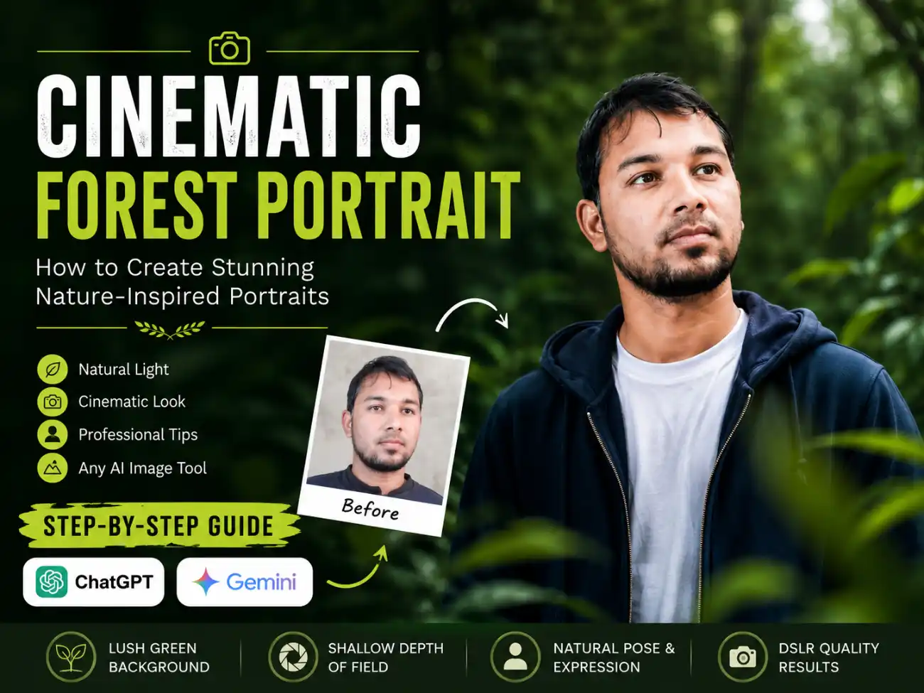 Cinematic Forest Portrait AI Prompt tutorial showing before and after transformation using ChatGPT and Gemini AI image generation.