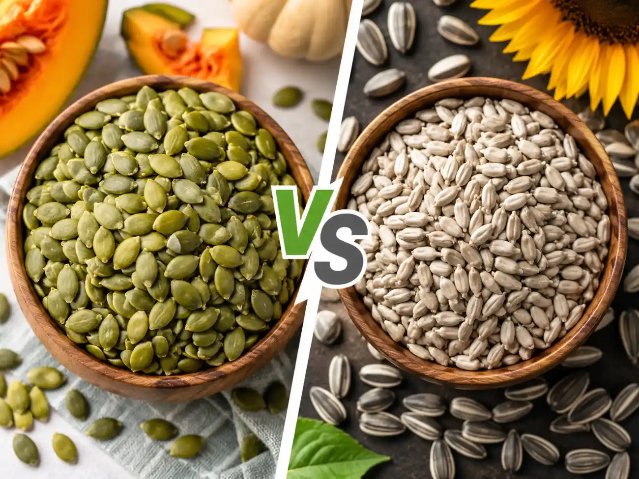 Side-by-side comparison of pumpkin seeds and sunflower seeds in wooden bowls with a VS symbol between them.