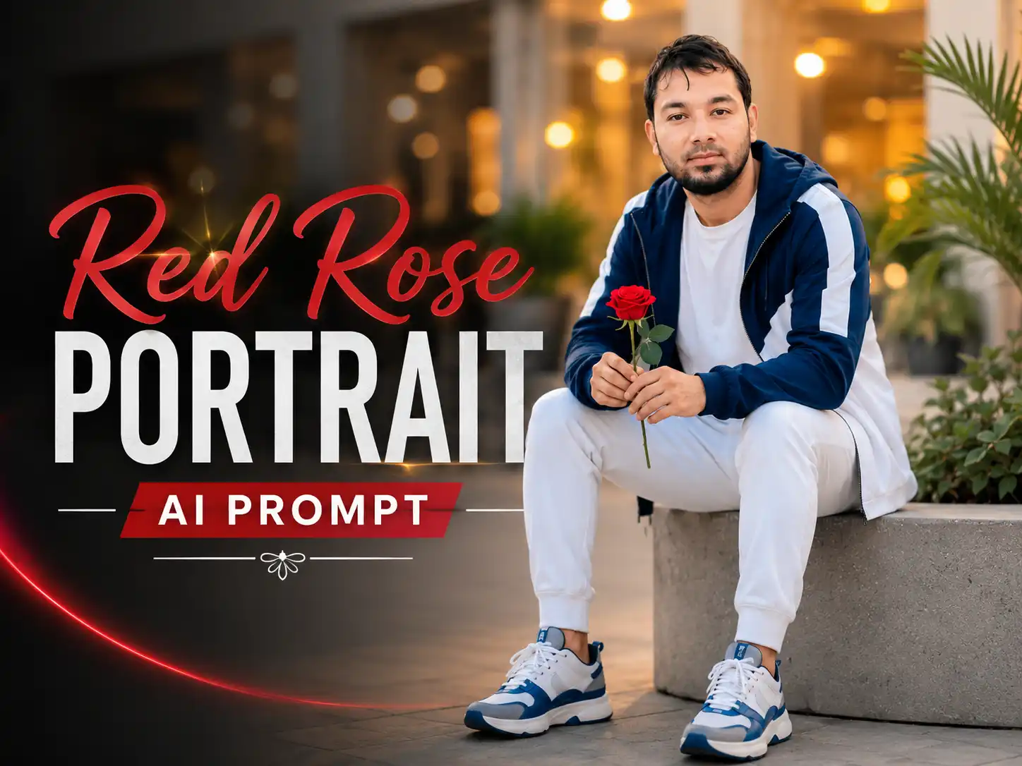 Red Rose Portrait AI Prompt featured image showing an ultra-realistic full-body AI portrait created with ChatGPT and Gemini using a reference image.