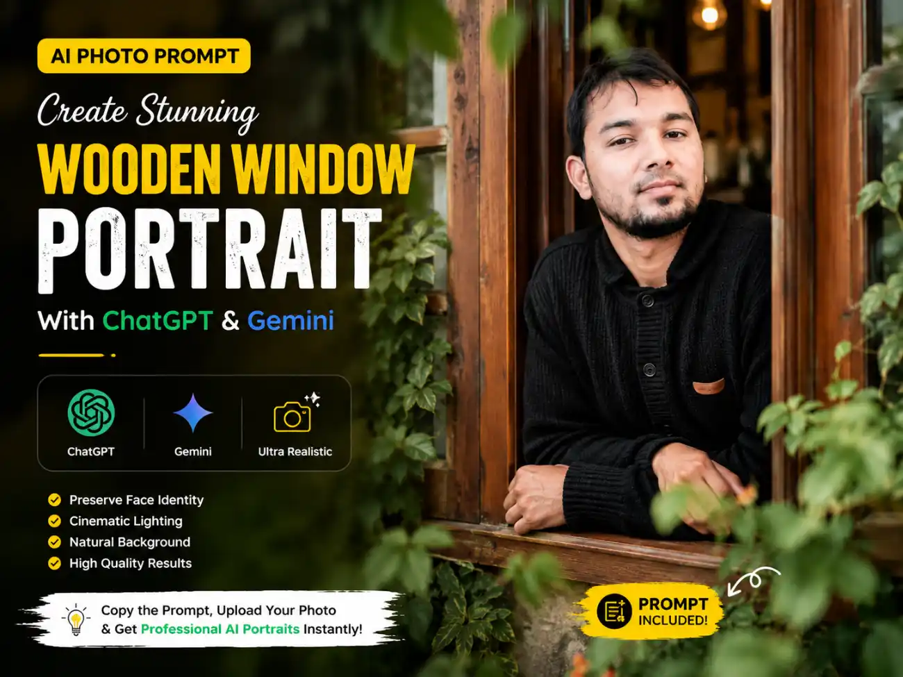 AI Wooden Window Portrait Prompt featured image showing how to create realistic lifestyle portraits using ChatGPT and Gemini AI.